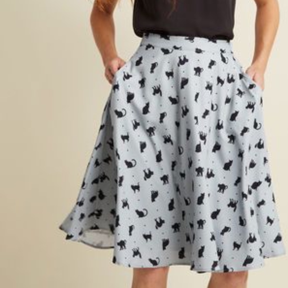ModCloth Black Cat Print High Waisted Blue/ Gray Midi Skirt